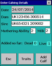 Calving details screen